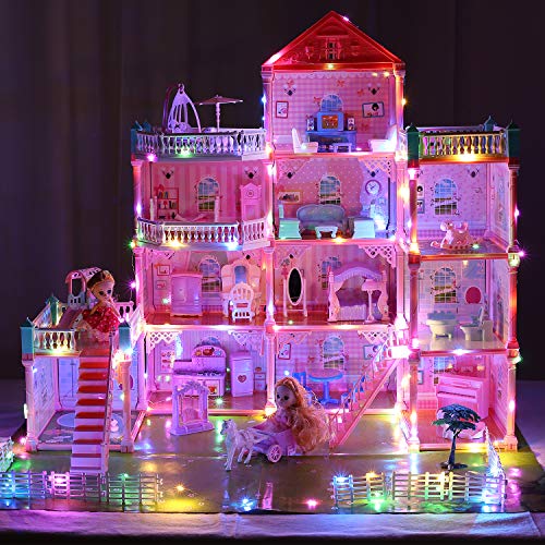 11 Rooms Huge Dollhouse w/ 2 Dolls & Colorful Light, 31" x 28" x 27"