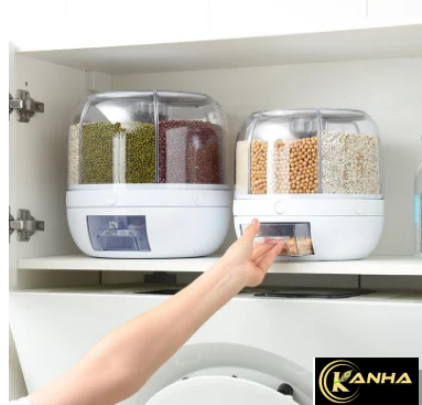 6-Compartment Rice Grain Dry Food Dispenser with Measuring Cup.