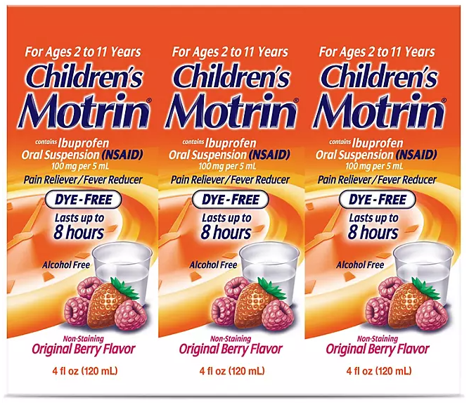 Children's Motrin Pain Reliever/Fever Reducer NSAID, 100 mg Ibuprofen, Original Berry 4 oz., 3 pk.