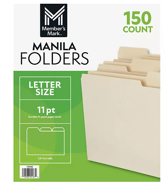 Member's Mark Manila File Folders, Letter, 1/3 Cut Assorted Tabs, 150 per Box