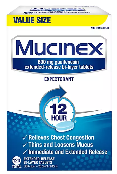 Mucinex 12-Hour Chest Congestant & Mucus Relief Tablets, 600 mg Guaifenesin 120 ct.