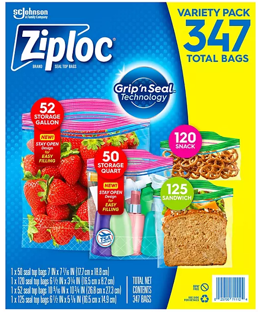 Ziploc Easy Open Bags Variety Pack with New Stay Open Design, 347 ct.